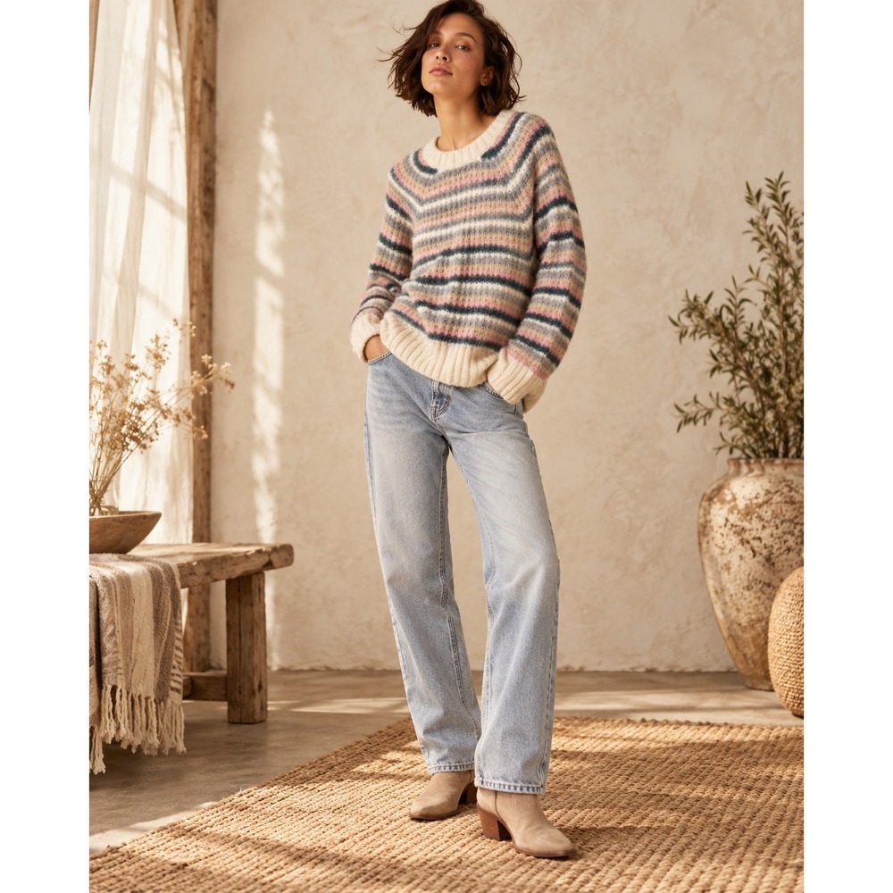 American Eagle Womens Medium Striped Wool Blend Chunky Knit Crewneck Sweater